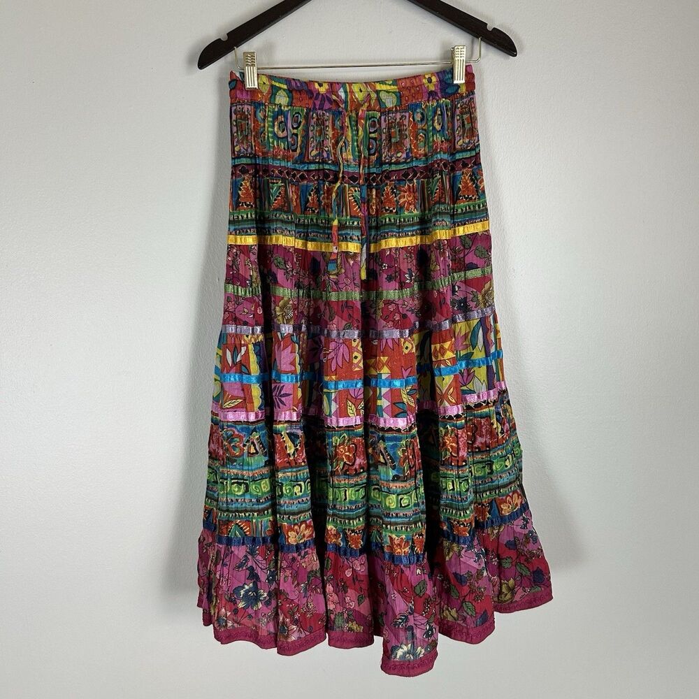 Velvet L Maxi Skirt Tiered Floral Gypsy Long Paisley Patchwork Hippie Peasant